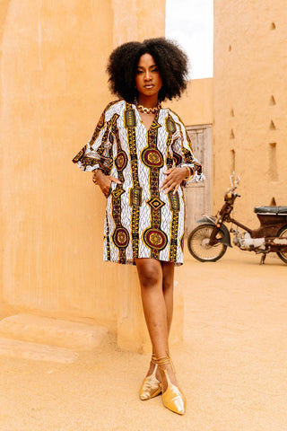 Abayomi Mini Dress - White Gold Chain Eban's Blessing African Ankara Wax Cotton Print