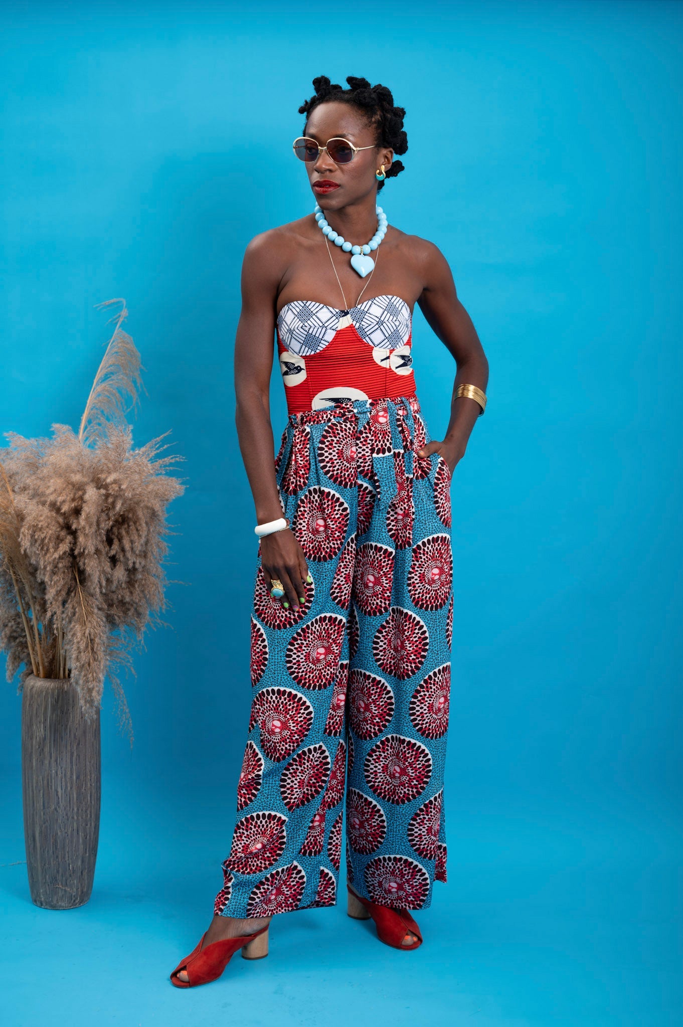 Adaora Wide Leg Pants - Red and White Water Well Print