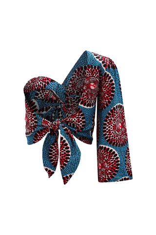 Aicha One shoulder neckline Top - Blue and Red Water Well Print