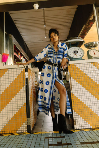 Anulika Shirt-Dress - Blue and white Khanga Print