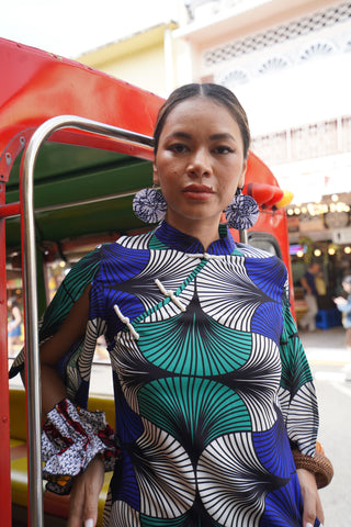 Renni Cheongsam Dress - Blue White & Green EWA NAIBU Print