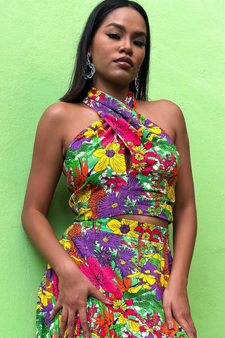 Bisa Reversi Crossed Halter Neck Crop Top - Green Pink Orange Garden Mosaic Print | ILC OA OG