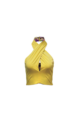 Bisa Reversi Crossed Halter Neck Crop Top - Yellow Pink Garden Mosaic Print | ILC OA OG