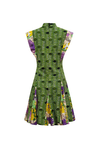 Emil Cheongsam Dress - Green Ankara and Pink Garden Mosaic Prints
