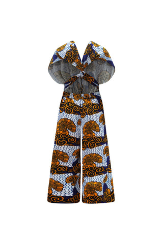 Chinwe Vintage Wide Culottes Infinity Jumpsuit - White and Blue House of Snails Print