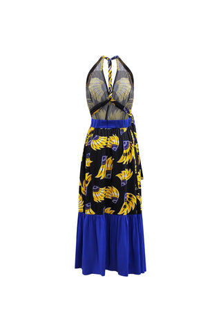 Chinwe Skirt Infinity Dress - Yellow & Black & Blue Plantain (banana) Print
