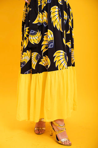 Chinwe Skirt Infinity Dress - Yellow & Black & Yellow Plantain (banana) Print