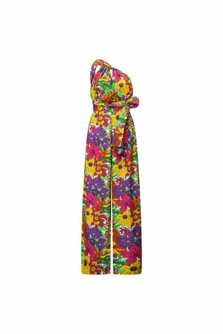 Chinwe Wide Leg Infinity Jumpsuit with Adjustable Straps - Green Pink Yellow Garden Mosaic | ILC OA OG