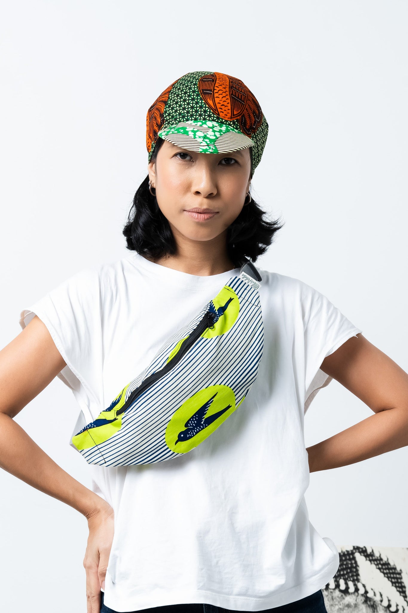 Colorful cycling cap - Green and Orange African Ankara Wax Cotton Print - 6