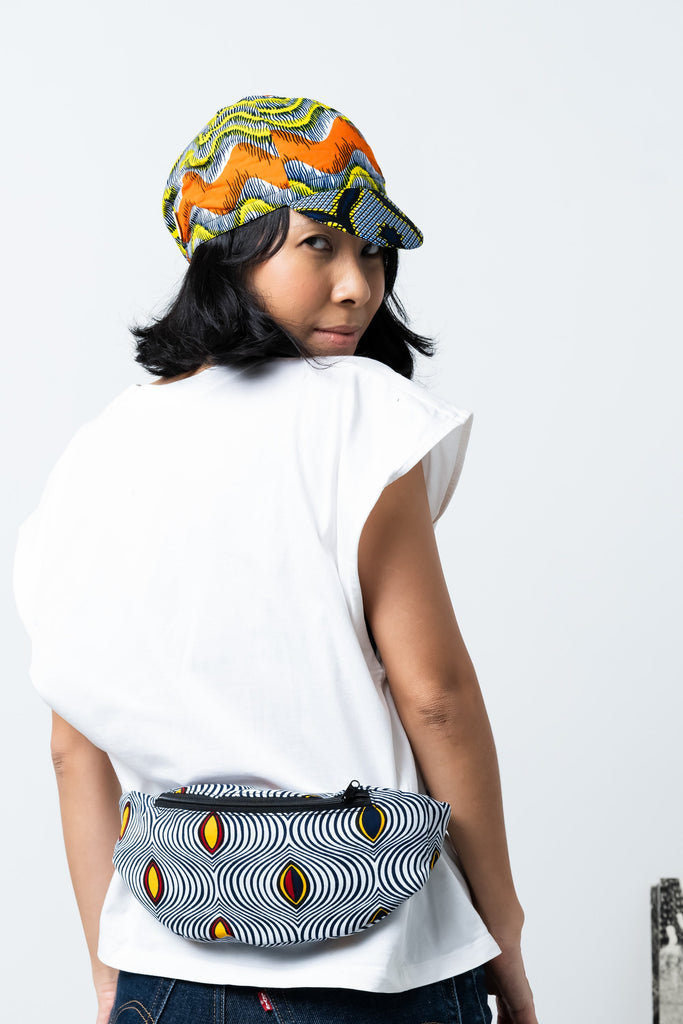 Colorful cycling cap - Blue Orange and Yellow African Ankara Wax Cotton Print - 7