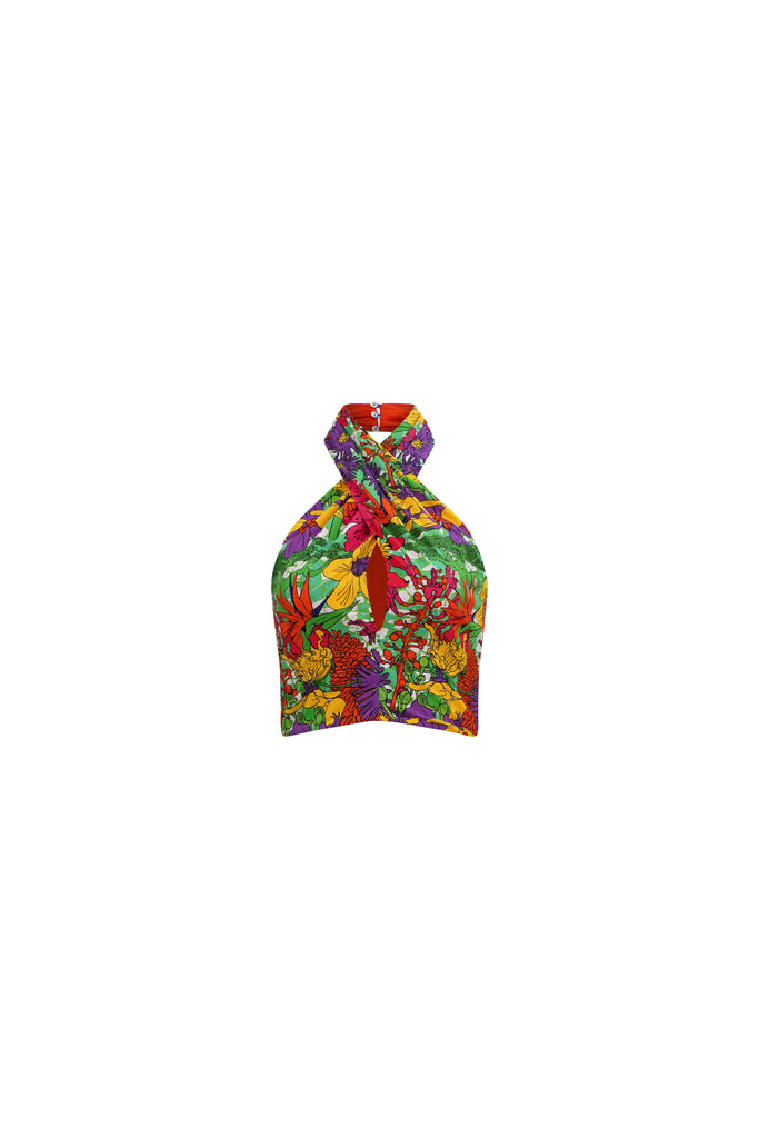Bisa Reversi Crossed Halter Neck Crop Top - Green Pink Orange Garden Mosaic Print | ILC OA OG