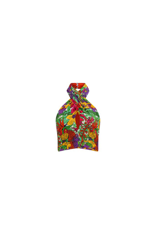 Bisa Reversi Crossed Halter Neck Crop Top - Green Pink Orange Garden Mosaic Print | ILC OA OG