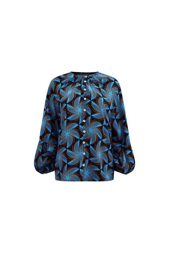 Lulu Shirt Blouse with Ruffle Neck and Long Sleeves - Blue Black and Orange Stellar Whirls Print | ILC OA OG
