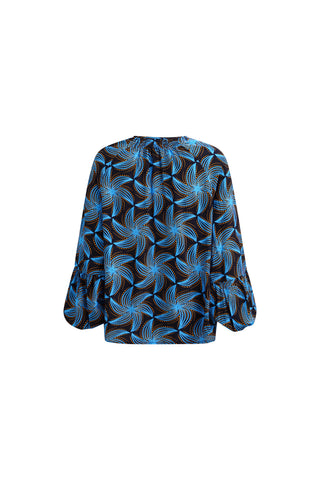 Lulu Shirt Blouse with Ruffle Neck and Long Sleeves - Blue Black and Orange Stellar Whirls Print | ILC OA OG