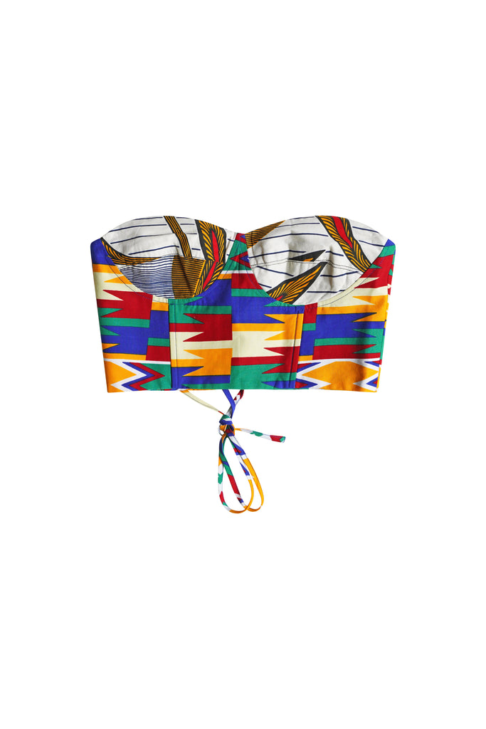 Deka Medley Corset - White & Blue Yellow Red Kente Print