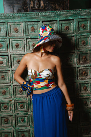 Deka Medley Corset - White & Blue Yellow Red Kente Print