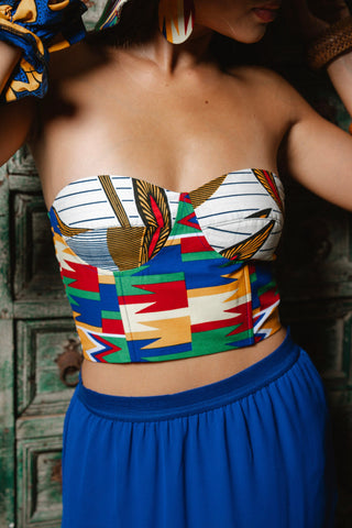 Deka Medley Corset - White & Blue Yellow Red Kente Print