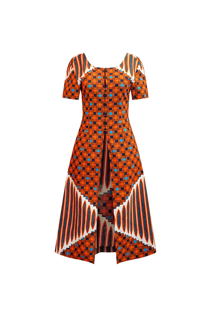 Emeli Button Front Long Top with Low-cut Back - Orange Blue and White High Spirit African Ankara Wax Cotton Print