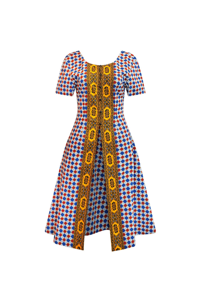 Emeli Button Front Long Top with Low-cut Back - Red Blue and White Sugar Cube African Ankara Wax Cotton Print
