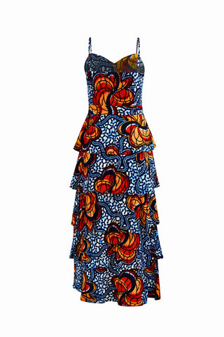 Folakemi Layered Ruffle Midi Dress - Blue Yellow & Orange Ọdọ Ayo Print