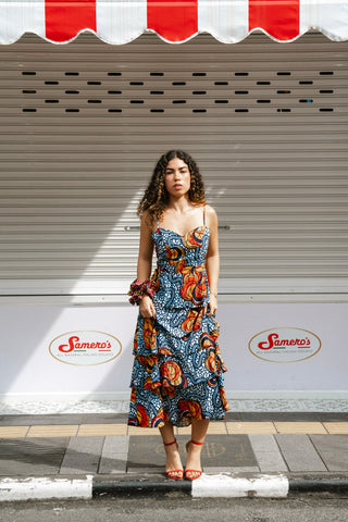 Folakemi Layered Ruffle Midi Dress - Blue Yellow & Orange Ọdọ Ayo Print