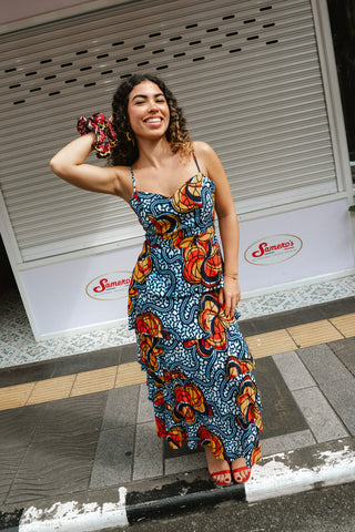 Folakemi Layered Ruffle Midi Dress - Blue Yellow & Orange Ọdọ Ayo Print