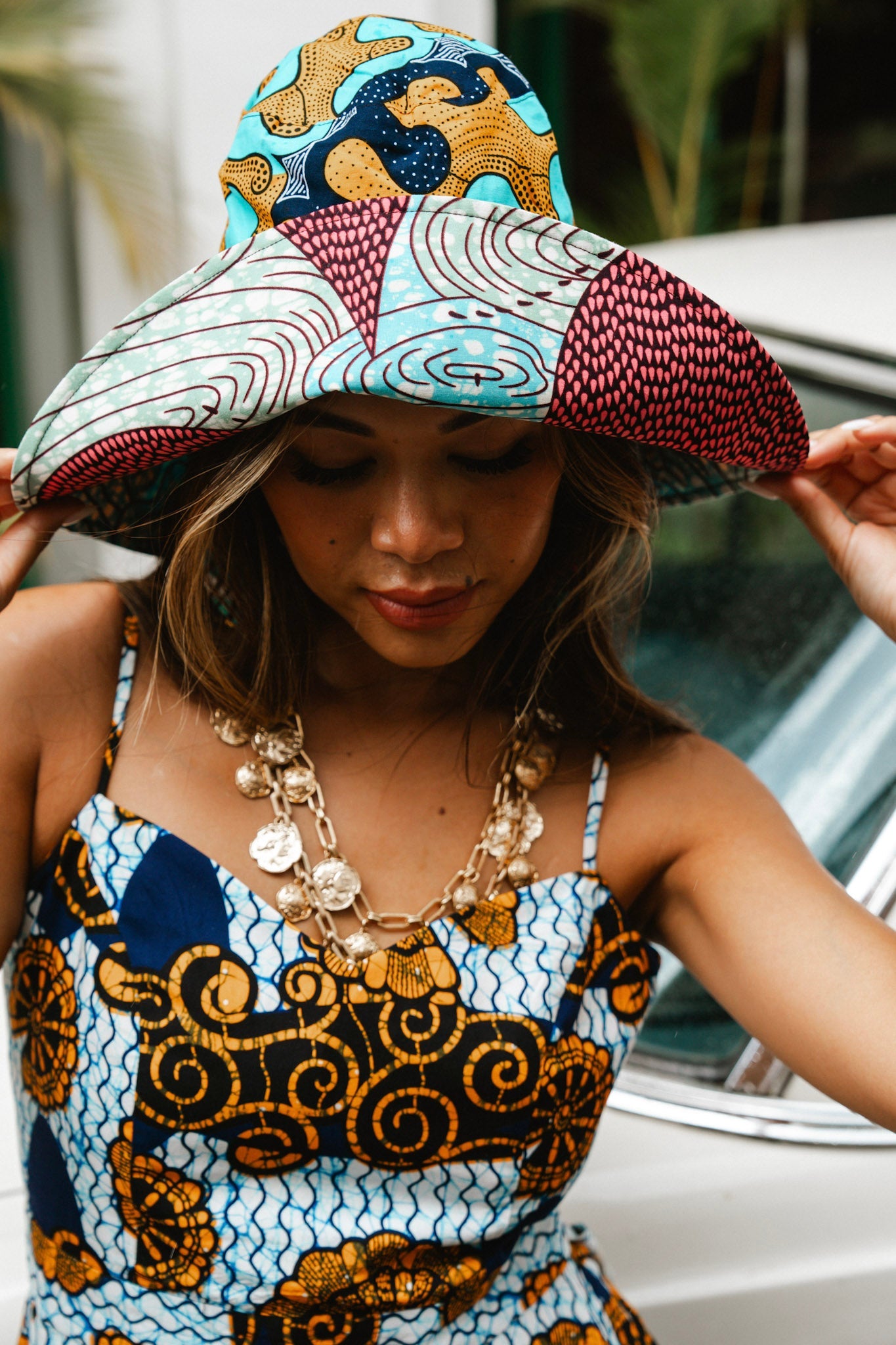 Hagos Reversi Bucket Hat Wide Brim - Azure Pink Yellow Blue Cyan Print - 45
