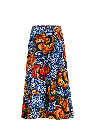 Ime Ruffled Asymmetric Midi Skirt - Blue Yellow &Orange Odo Ayo Print