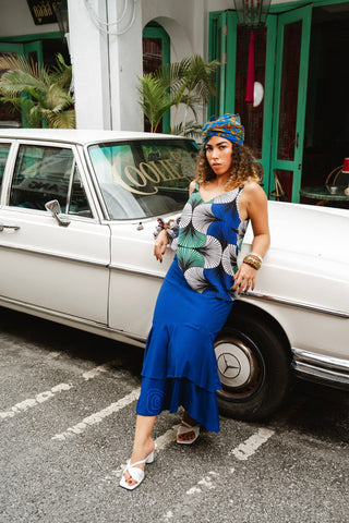 Ime Ruffled Asymmetric Midi Skirt - Solid Blue with Ewa Naibu Print