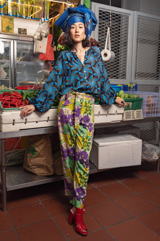 Lulu Shirt Blouse with Ruffle Neck and Long Sleeves - Blue Black and Orange Stellar Whirls Print | ILC OA OG