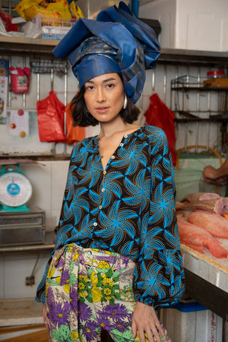 Lulu Shirt Blouse with Ruffle Neck and Long Sleeves - Blue Black and Orange Stellar Whirls Print | ILC OA OG