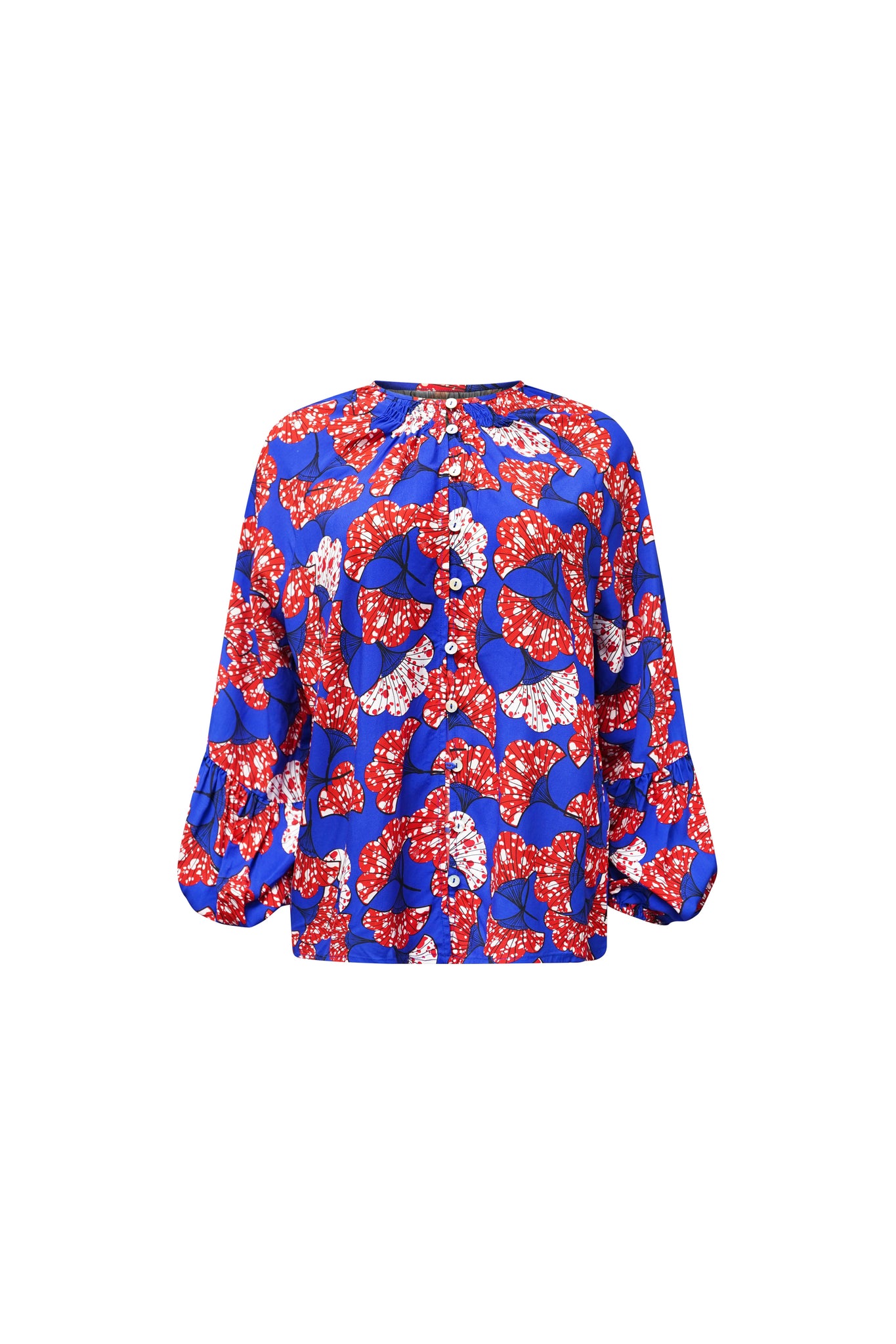 Lulu Shirt Top with Ruffle Neck and Long Sleeves - Blue Red Rolls Royce Print | ILC OA OG