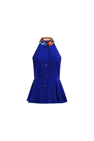Nafula Cheongsam Top - Blue and contrasting collar Odo Ayo Print