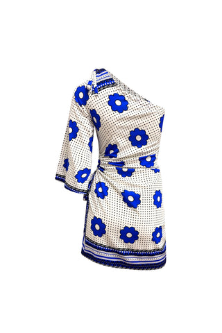 Ngozi Asymmetric Mini Dress - Blue and white Khanga Print