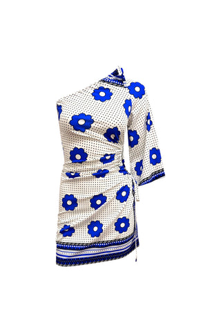 Ngozi Asymmetric Mini Dress - Blue and white Khanga Print