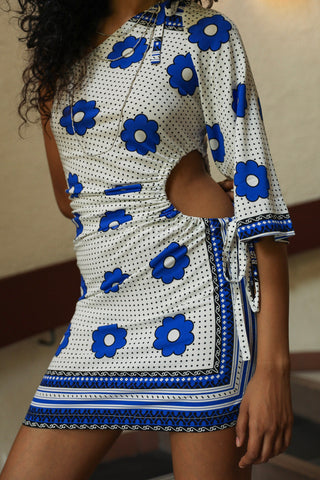 Ngozi Asymmetric Mini Dress - Blue and white Khanga Print