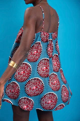 Nkem Mini Halter Dress - Red and Blue Water Well Print