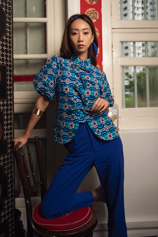 Stephanie Cheongsam Top - Blue Ankara Wax Cotton Print
