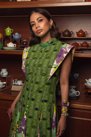 Emil Cheongsam Dress - Green Ankara and Pink Garden Mosaic Prints