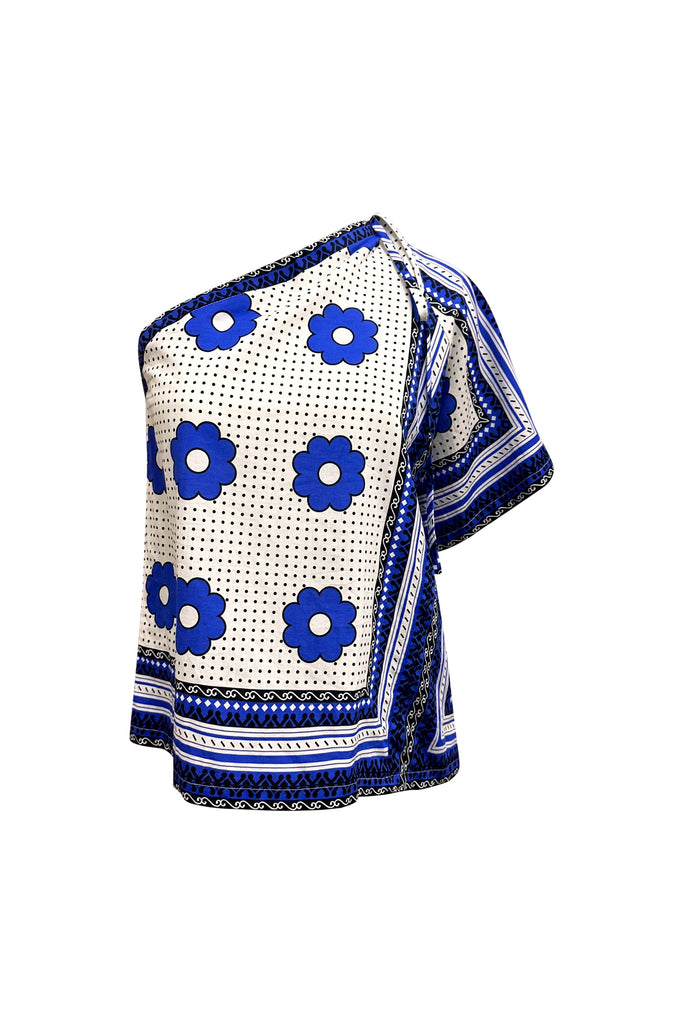 Olanna Asymmetric Top - Blue and white Khanga Print