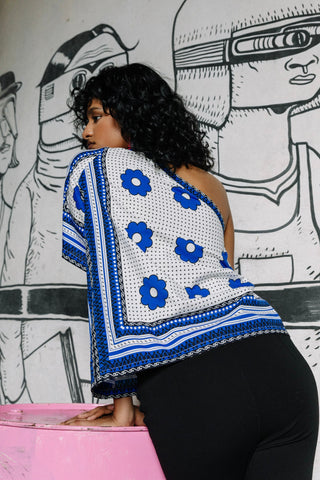 Olanna Asymmetric Top - Blue and white Khanga Print