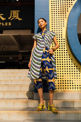 Taiwo Cropped Pants - Blue White and Yellow African Ankara Wax Cotton Print