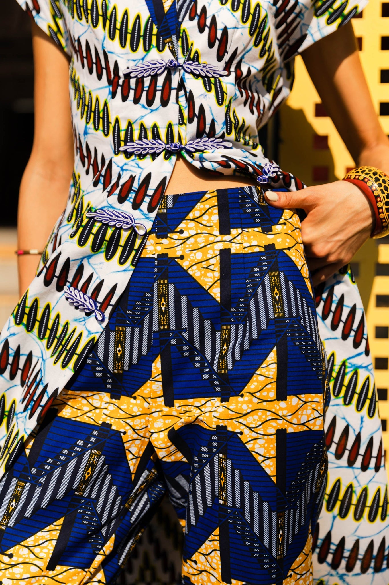 Taiwo Cropped Pants - Blue White and Yellow African Ankara Wax Cotton Print
