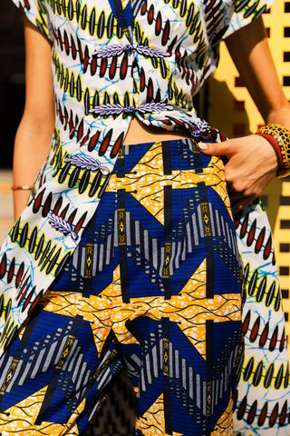 Taiwo Cropped Pants - Blue White and Yellow African Ankara Wax Cotton Print