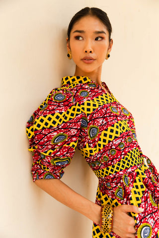 Gozie Dress - Red and Yellow African Ankara Wax Cotton Print