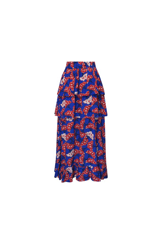 Safira Tiered Ruffle Asymmetric Flowy Skirt - Blue White Red Rolls Royce Print | ILC OA OG
