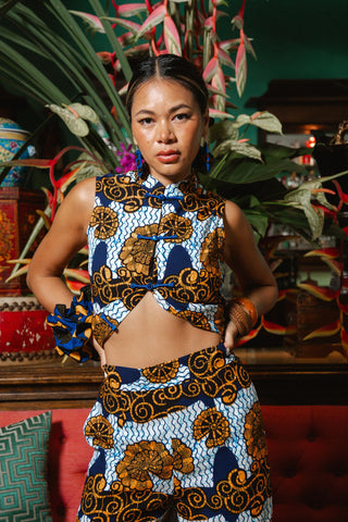 Surya Pants with Ruffles at the Hem - White and Blue House of Snails Print