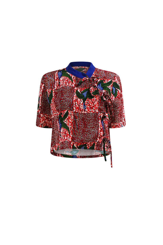 Tine Cheongsam Top - Red White & Green Onyame Sɛn Print