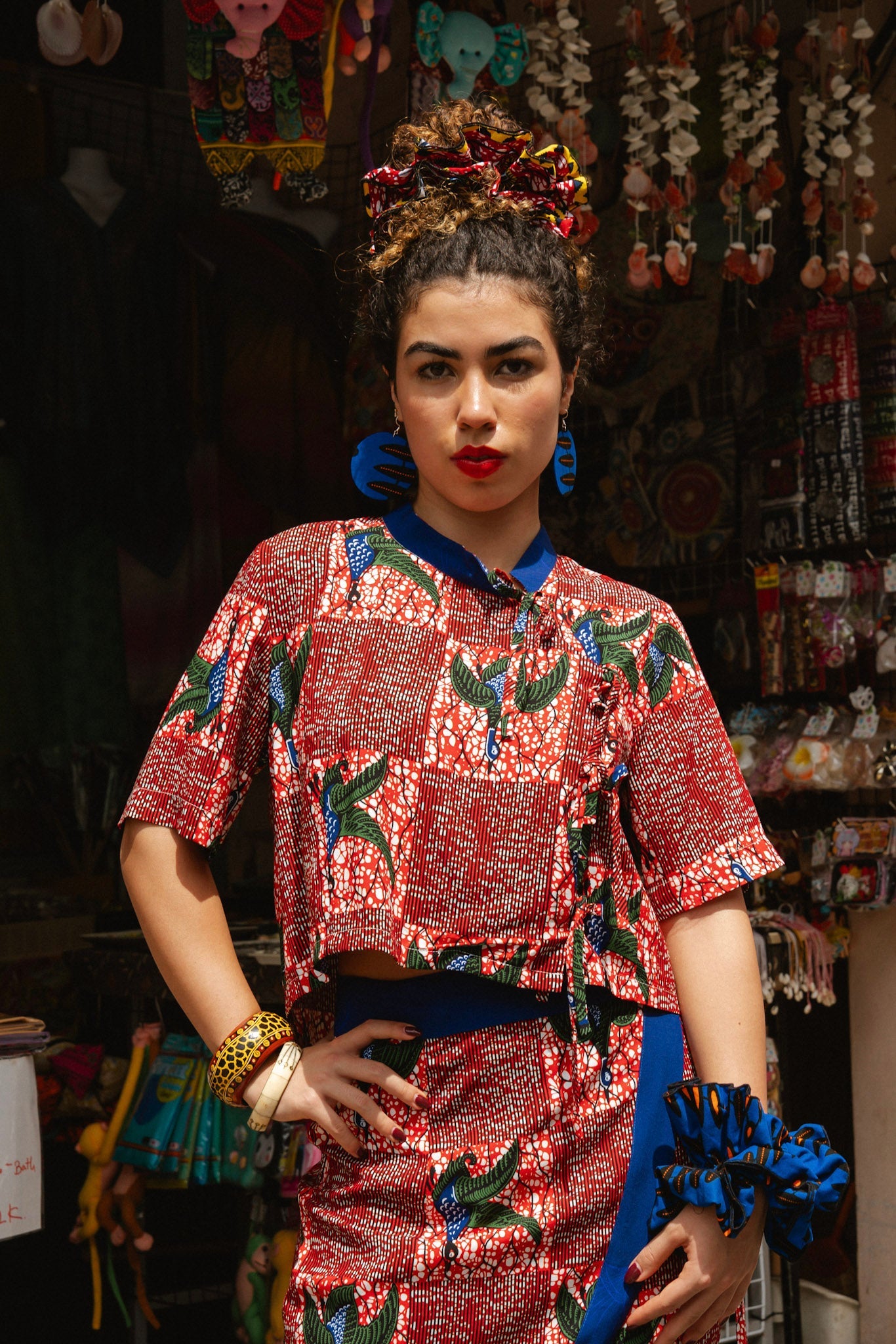 Tine Cheongsam Top - Red White & Green Onyame Sɛn Print