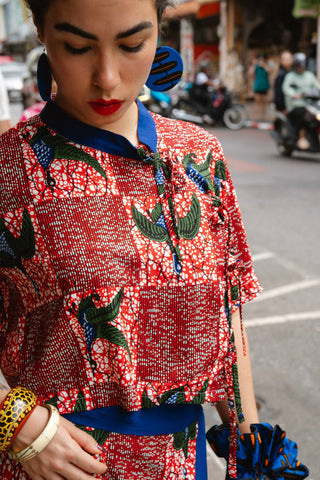 Tine Cheongsam Top - Red White & Green Onyame Sɛn Print